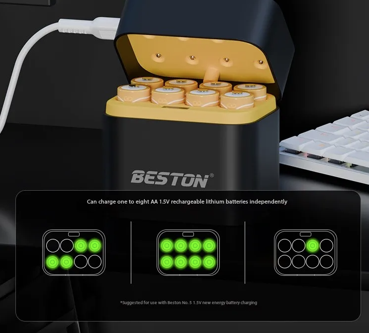 Beston Smart Batteriladdare Set 8 AA 1.5V Litiumbatterier 3600mWh – Snabbladdning, Överladdningsskydd