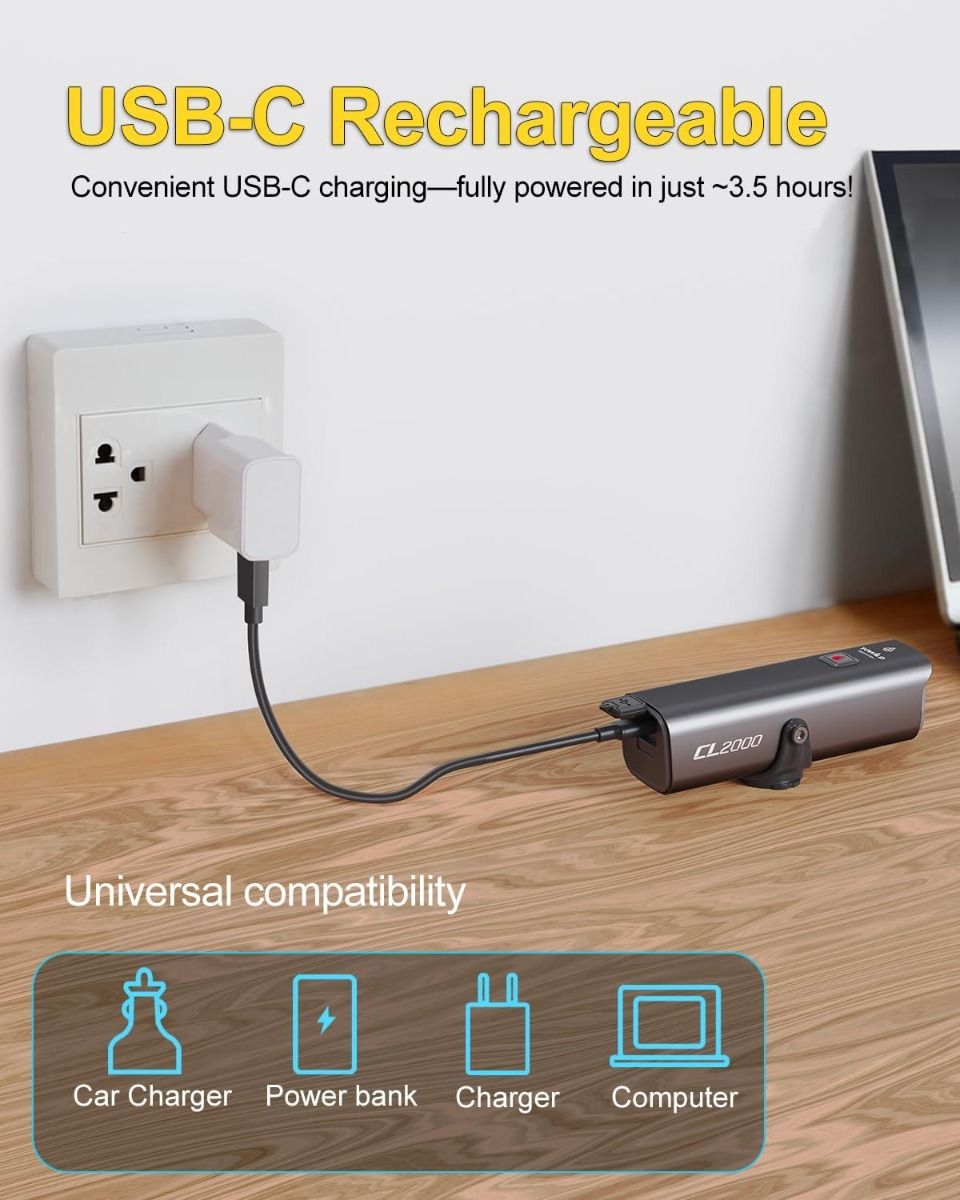 TOWILD CL2000 Cykellampa | 2000 Lumen Superljus, Bländfri & Vattentät för Säker Nattcykling