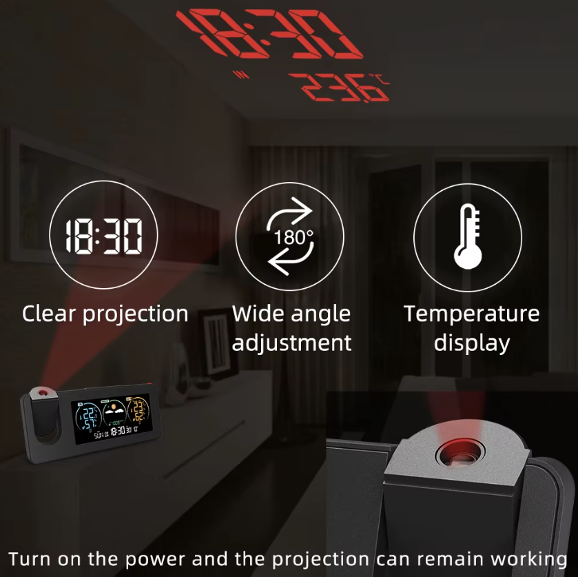 Innovativ projektionsklocka för vägg, digital väckarklocka med väderprognos, snygg design för heminredning