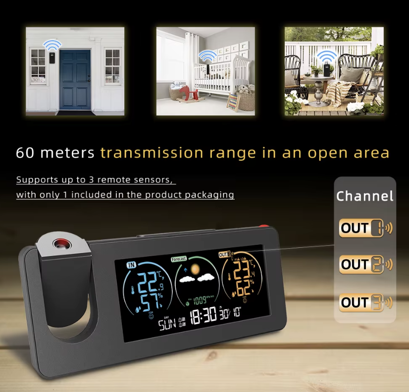 Innovativ projektionsklocka för vägg, digital väckarklocka med väderprognos, snygg design för heminredning