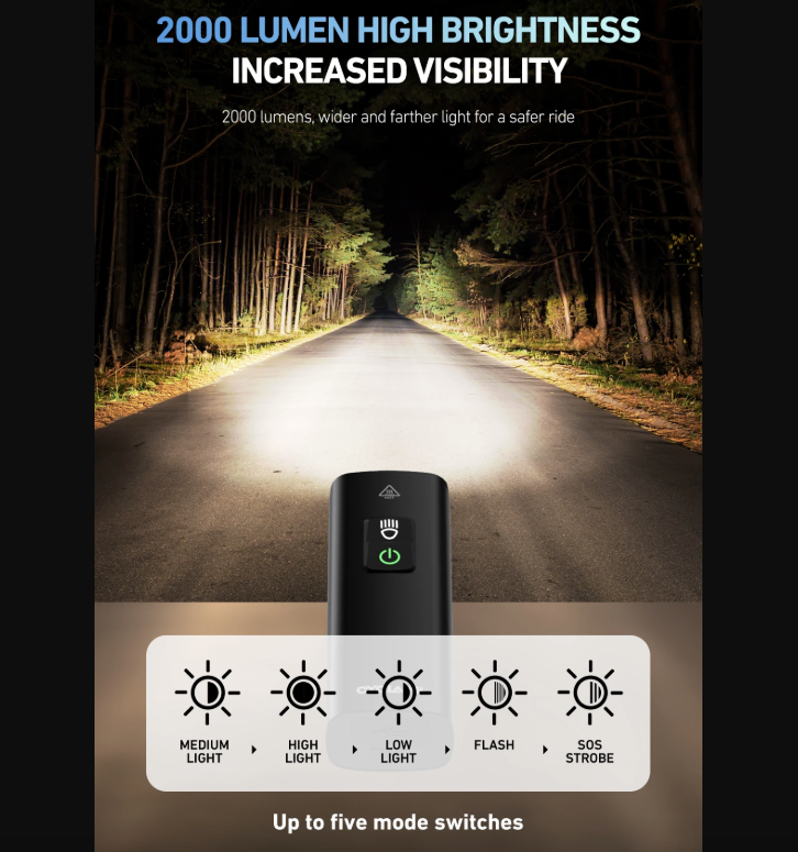 CYCLAMI BR2000 Cykelframlampa för MTB & Landsvägscykel - Typ-C, 2000 Lumen, Max Säkerhet