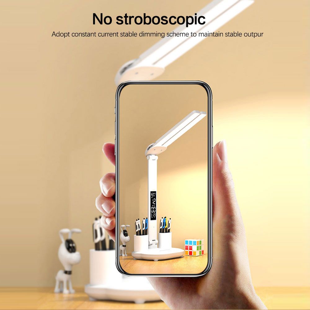 LED-bordslampa med kalender och USB-touch multifunktionslampa med flimmerfritt ljus och pennhållare