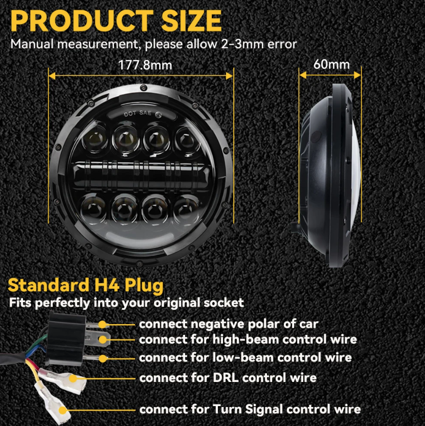 7 tums motorcykel LED-strålkastare med DRL-växlingssignal hållbar för Harley Jeep Wrangler IP67 vattentät