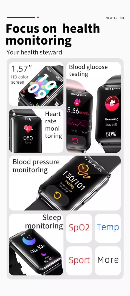 EP02 Blodsocker Smartklocka med ECG, HRV, puls, temperatur, 1,57 tums HD vattentät smartarmband och fitness tracker