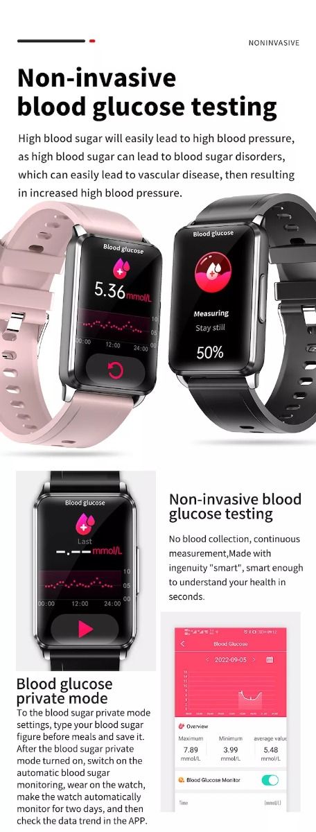 EP02 Blodsocker Smartklocka med ECG, HRV, puls, temperatur, 1,57 tums HD vattentät smartarmband och fitness tracker