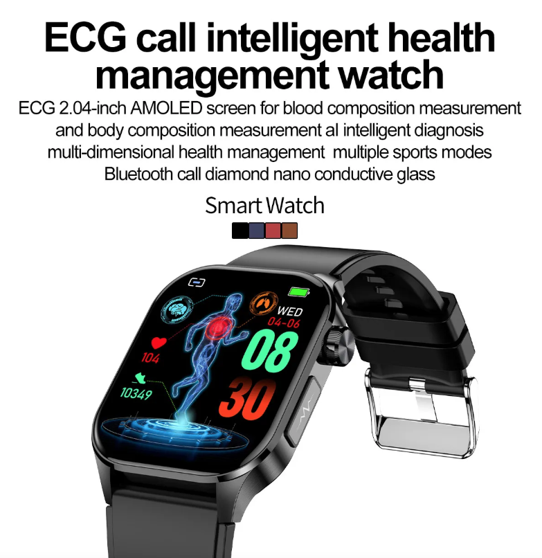 E580 Smartklocka med Blodglukos & EKG. Hjärtfrekvens, IP68 Vattentät, Hälsa & Övervakning!