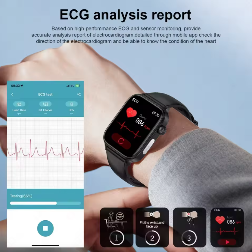 ET585 Smartklocka för män/kvinnor: EKG, PPG & AI Hälsoanalys. Blodfetter, blodtryck, puls!