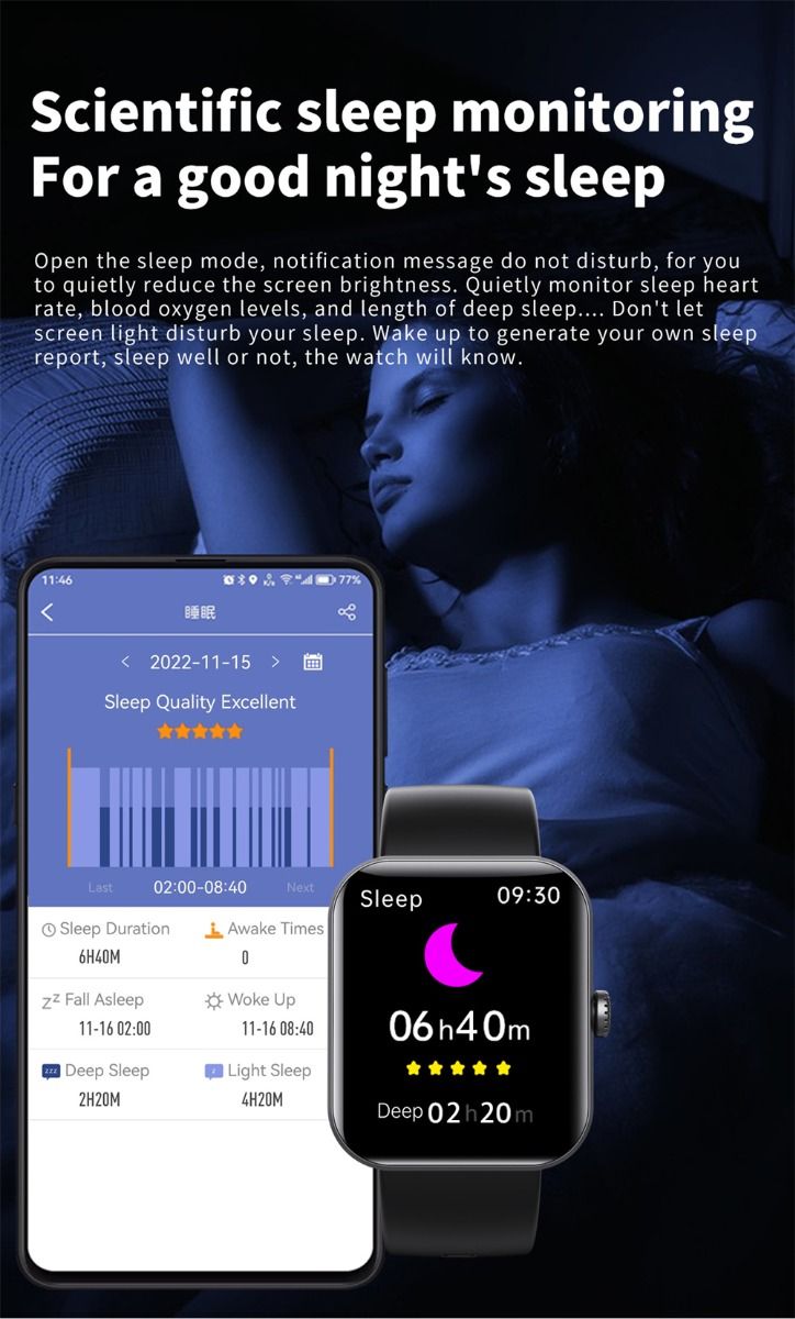 F57L Smartklocka Finessklocka för Blodglukos, Blodtryck, Hjärtfrekvens & Temperaturövervakning, 1.91 tum