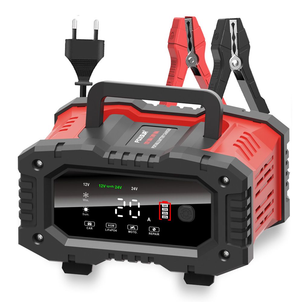 FOXSUR 20A Bärbar bilbatteriladdare för 12V 24V AGM LiFePO4 Blybatterier med mikroprocessorkontroll
