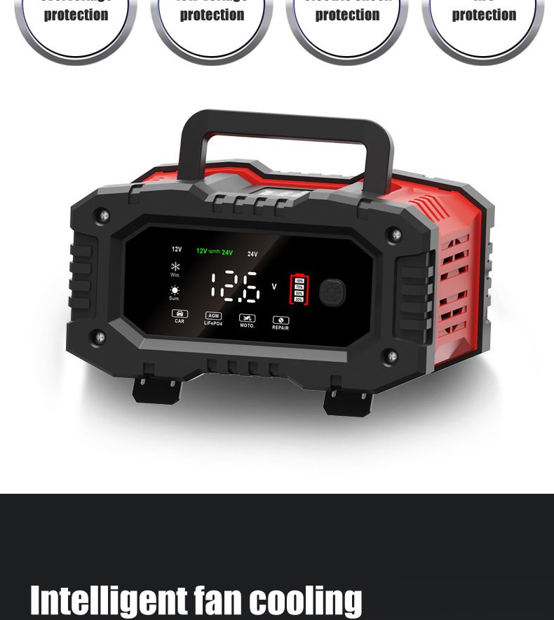 FOXSUR 20A Bärbar bilbatteriladdare för 12V 24V AGM LiFePO4 Blybatterier med mikroprocessorkontroll