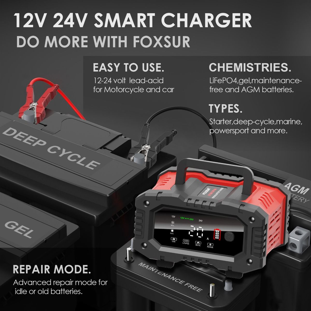 FOXSUR 20A Bärbar bilbatteriladdare för 12V 24V AGM LiFePO4 Blybatterier med mikroprocessorkontroll