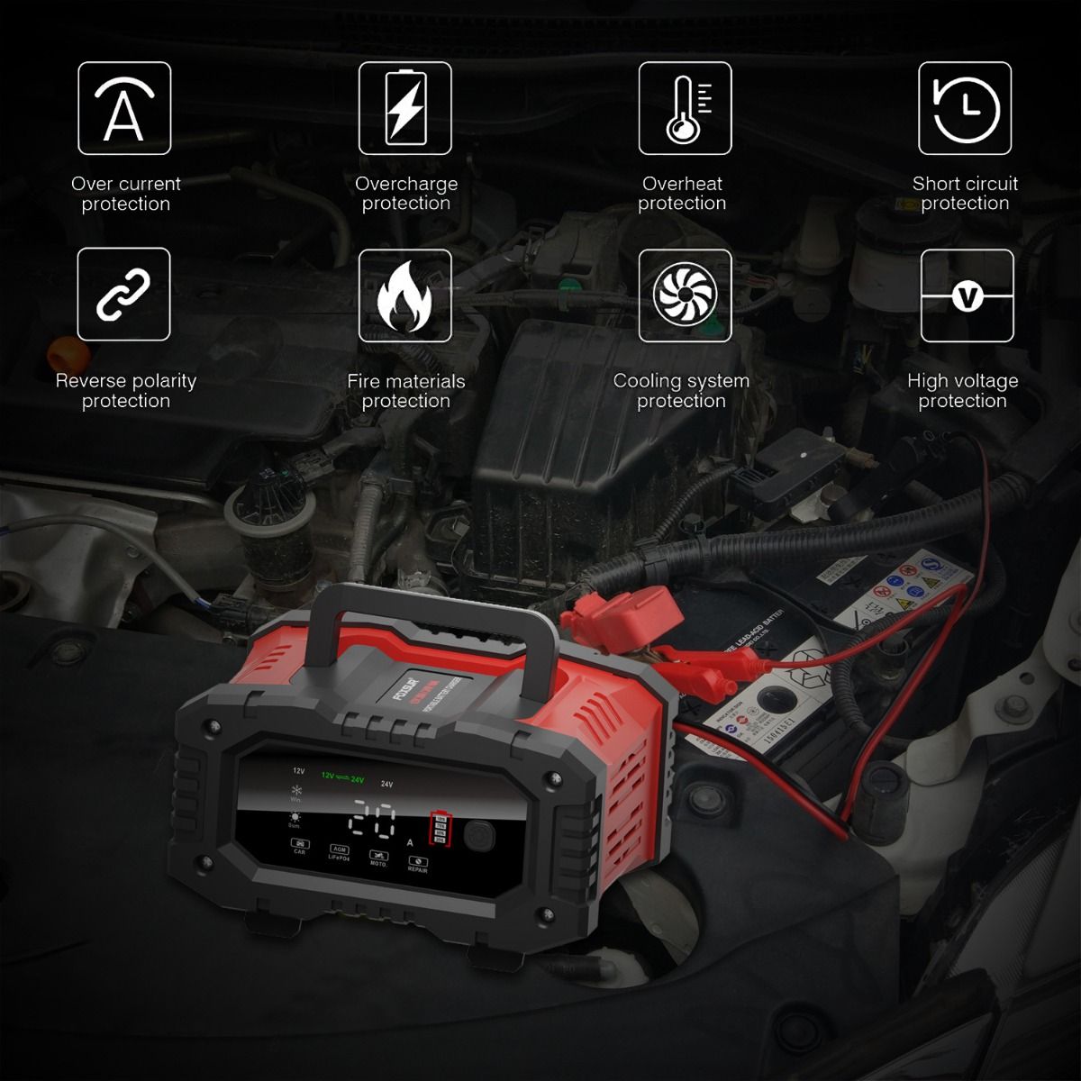 FOXSUR 20A Bärbar bilbatteriladdare för 12V 24V AGM LiFePO4 Blybatterier med mikroprocessorkontroll