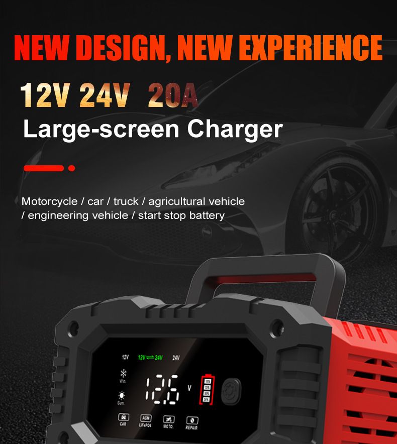 FOXSUR 20A Bärbar bilbatteriladdare för 12V 24V AGM LiFePO4 Blybatterier med mikroprocessorkontroll