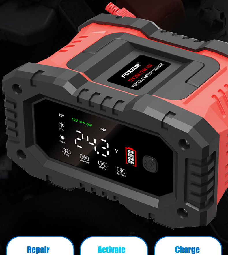 FOXSUR 20A Bärbar bilbatteriladdare för 12V 24V AGM LiFePO4 Blybatterier med mikroprocessorkontroll