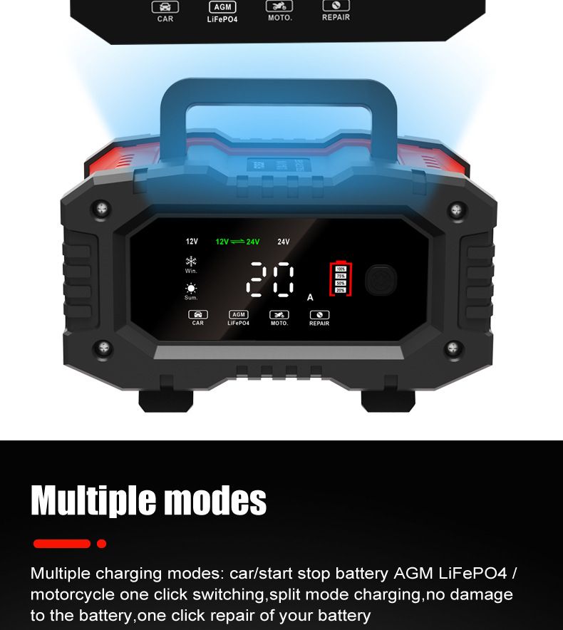 FOXSUR 20A Bärbar bilbatteriladdare för 12V 24V AGM LiFePO4 Blybatterier med mikroprocessorkontroll