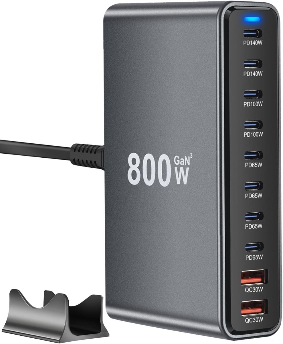 800W USB C GaN III Pro Snabbladdare: 10 Portar, Dubbel 140W PD, Effektiv Laddstation