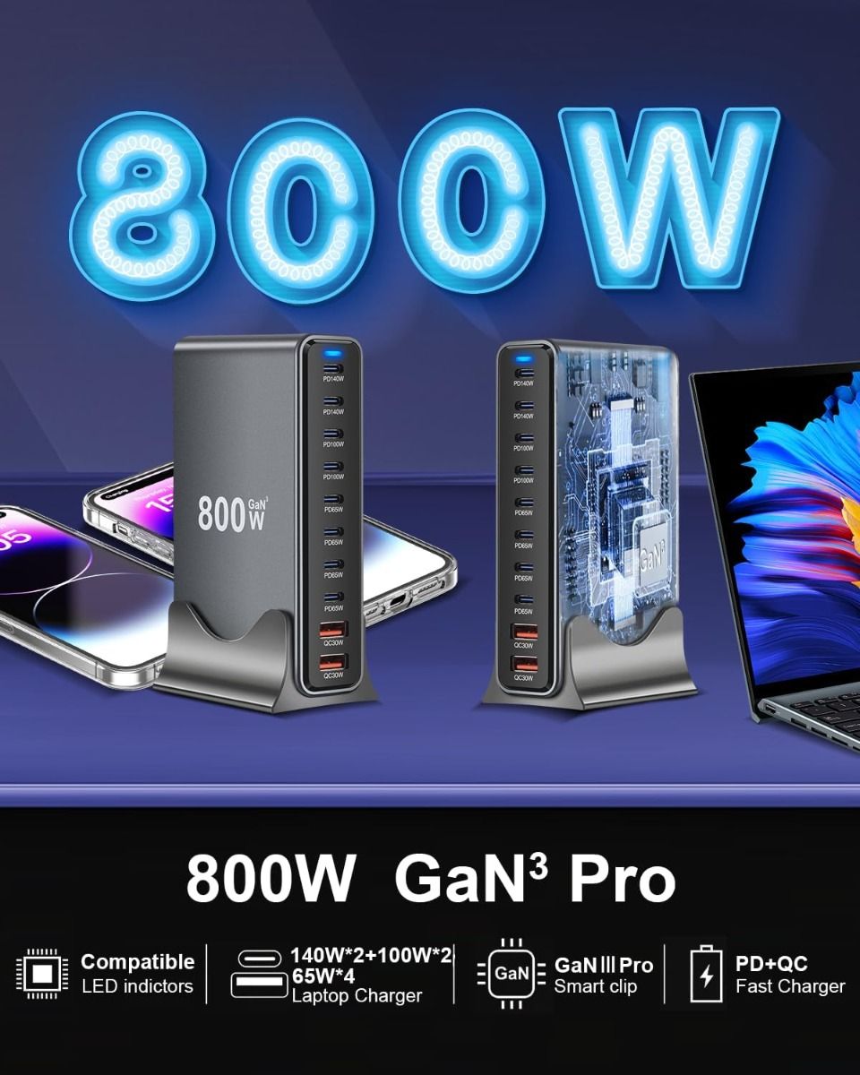 800W USB C GaN III Pro Snabbladdare: 10 Portar, Dubbel 140W PD, Effektiv Laddstation