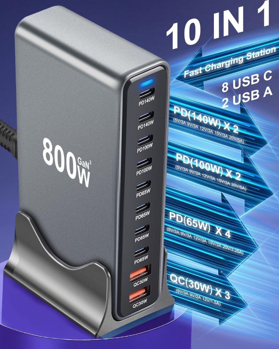 800W USB C GaN III Pro Snabbladdare: 10 Portar, Dubbel 140W PD, Effektiv Laddstation