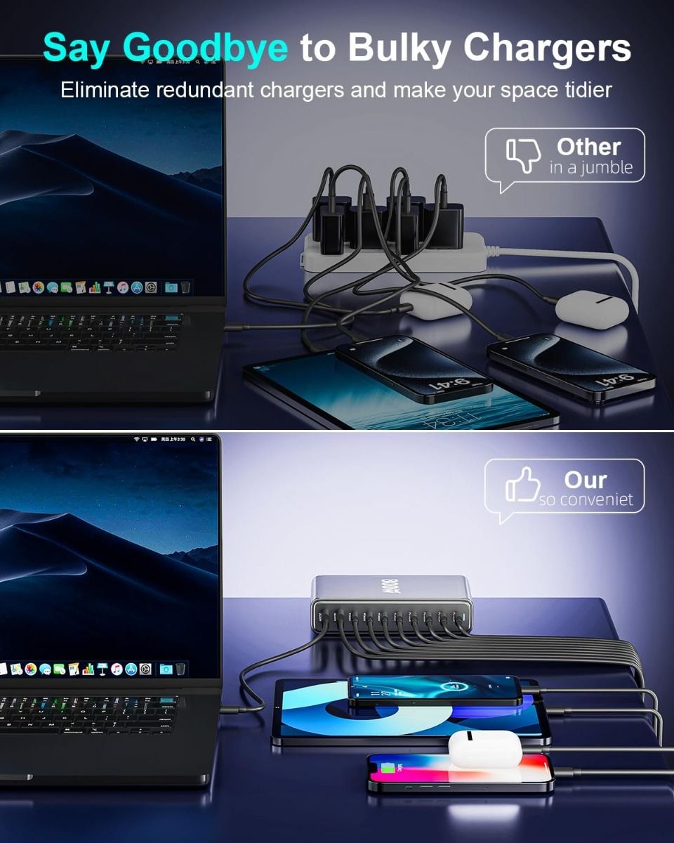 800W USB C GaN III Pro Snabbladdare: 10 Portar, Dubbel 140W PD, Effektiv Laddstation