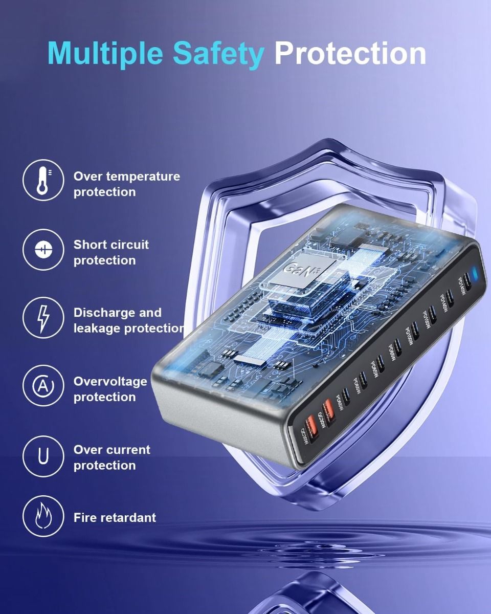 800W USB C GaN III Pro Snabbladdare: 10 Portar, Dubbel 140W PD, Effektiv Laddstation