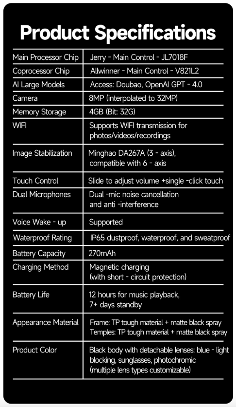 AI Smartglasögon: Översättningsglasögon m. kamera, Bluetooth, samtal & musik, UV/blåljusskydd