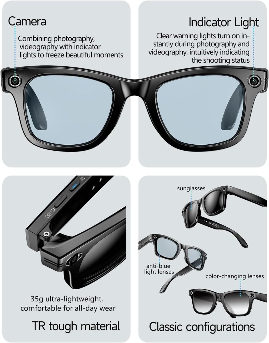 AI Smartglasögon: Översättningsglasögon m. kamera, Bluetooth, samtal & musik, UV/blåljusskydd