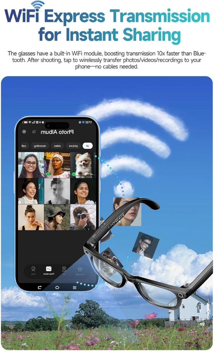 AI Smartglasögon: Översättningsglasögon m. kamera, Bluetooth, samtal & musik, UV/blåljusskydd