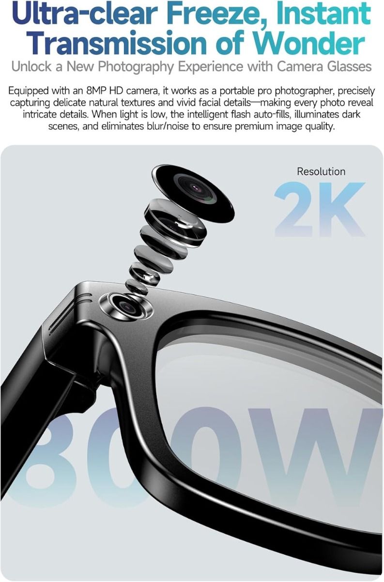 AI Smartglasögon: Översättningsglasögon m. kamera, Bluetooth, samtal & musik, UV/blåljusskydd