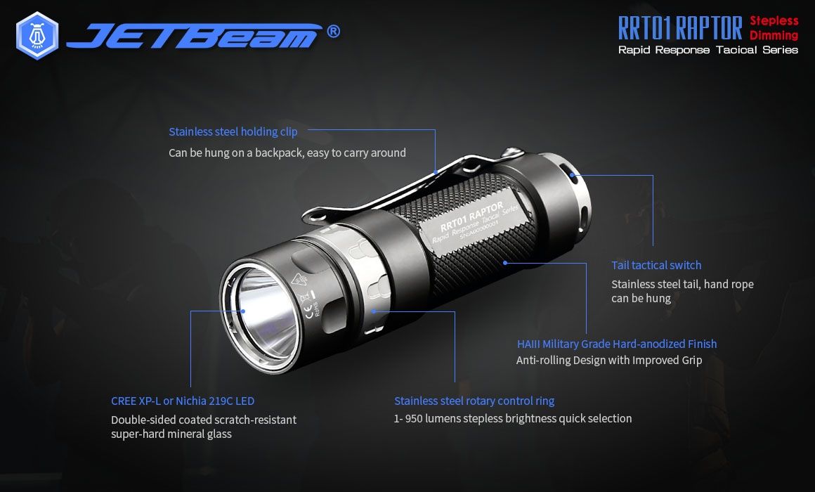 JETBeam JET-RRT01 XP-L 950 Lumen LED EDC Ficklampa Hållbar Utomhusbelysning för Camping och Vandring