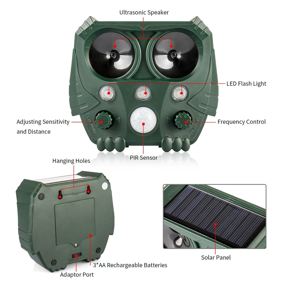Solenergidriven Djuravvisare Ultraljudsavvisare för Trädgårdar IP44 Vattentät Human Avskräckning  Tyst Drift