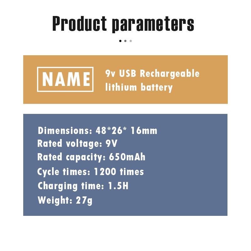 9V 6F22 650mAh USB-laddningsbart batteri, miljövänlig Li-ion-ström för leksaker, mikrofon, multimeter och mer