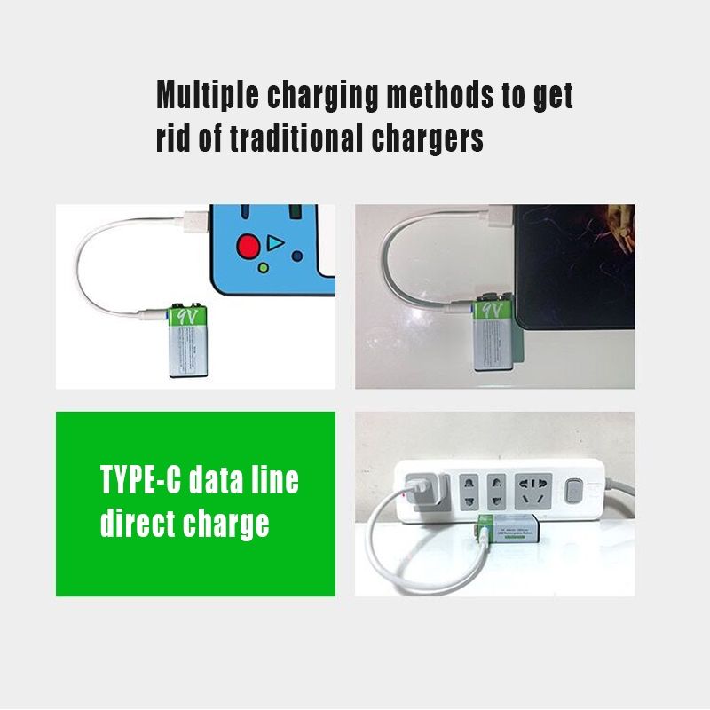 9V 6F22 650mAh USB-laddningsbart batteri, miljövänlig Li-ion-ström för leksaker, mikrofon, multimeter och mer