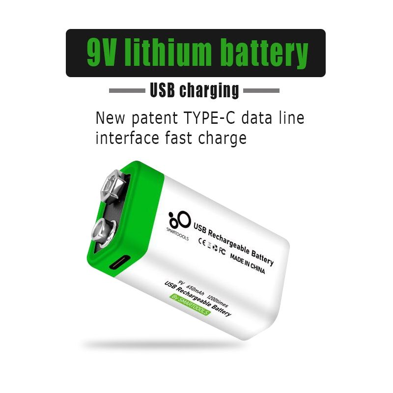 9V 6F22 650mAh USB-laddningsbart batteri, miljövänlig Li-ion-ström för leksaker, mikrofon, multimeter och mer