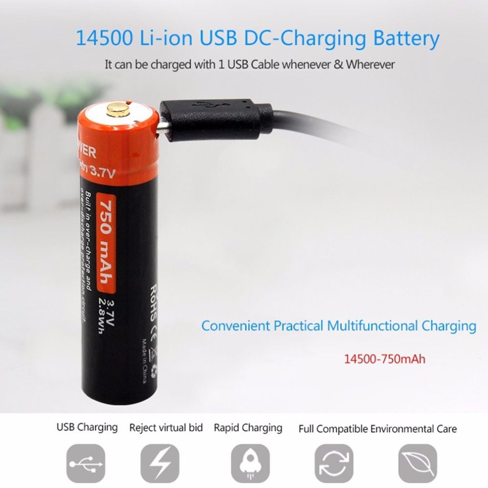 Doublepow 14500 batteri 750mAh USB-uppladdningsbart 3.7V Li-ion för elektroniska enheter och ficklampor LED