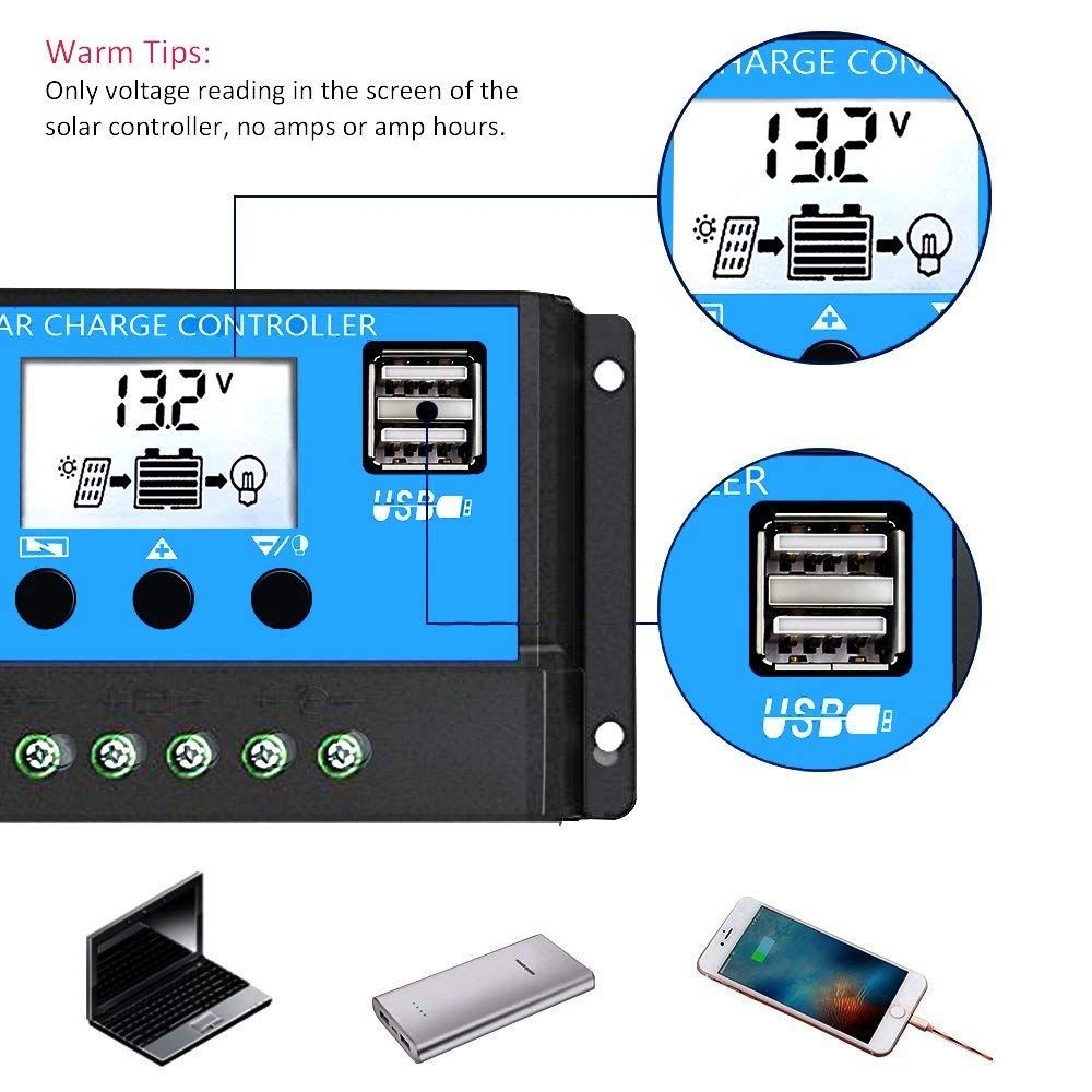 12V 24V Automatisk solcellsregulator PWM LCD-display Dubbla USB-utgångar för husbilar, avlägsna stugor, hushållssystem