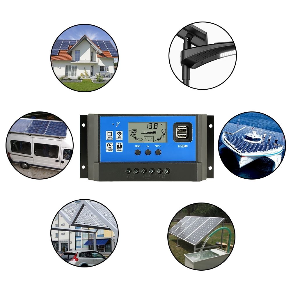 12V 24V Automatisk solcellsregulator PWM LCD-display Dubbla USB-utgångar för husbilar, avlägsna stugor, hushållssystem