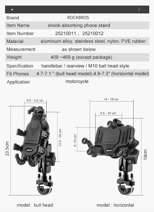 ROCKBROS Telefonhållare i hållbart aluminium för motorcykel och cykel med silikondämpning och justerbart stativ.