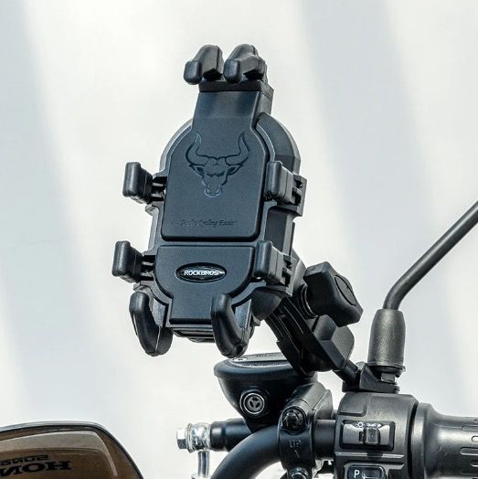 ROCKBROS Telefonhållare i hållbart aluminium för motorcykel och cykel med silikondämpning och justerbart stativ.