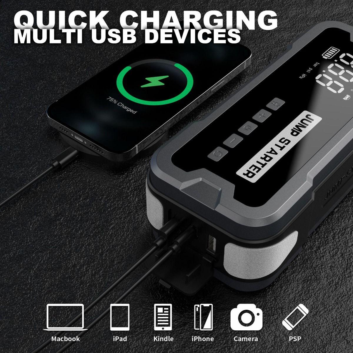 Mångsidig Jump Starter Power Bank Bärbar Laddare med Däckpump och Säkerhet Funktioner för Nödsituationer