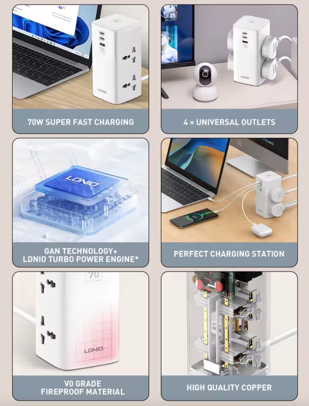 LDNIO Strömuttag & laddstation (70W) - Kubdesign med överspänningsskydd | EU/US/UK Universaladapter