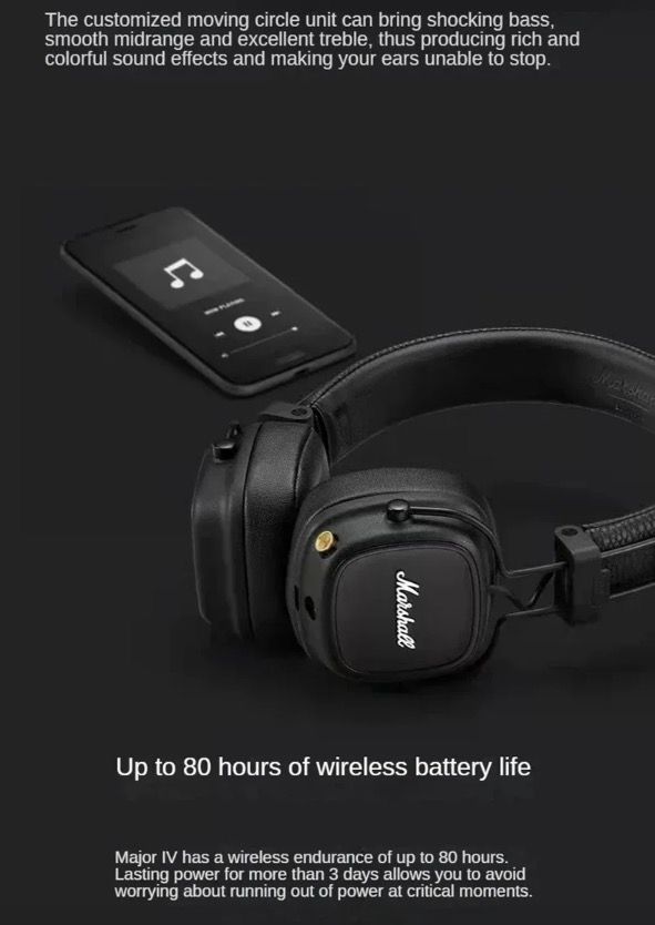 Marshall Major IV trådlösa Bluetooth-hörlurar med signaturljud och trådlös laddning för musikentusiaster