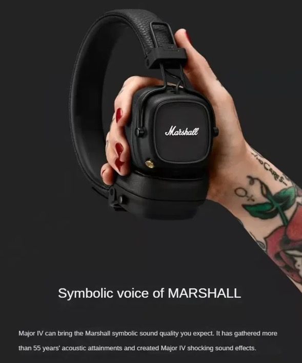 Marshall Major IV trådlösa Bluetooth-hörlurar med signaturljud och trådlös laddning för musikentusiaster