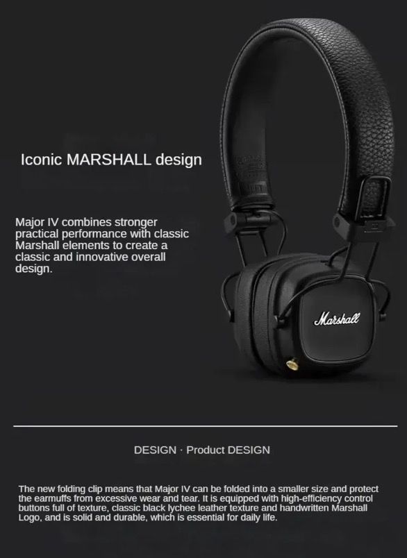Marshall Major IV trådlösa Bluetooth-hörlurar med signaturljud och trådlös laddning för musikentusiaster