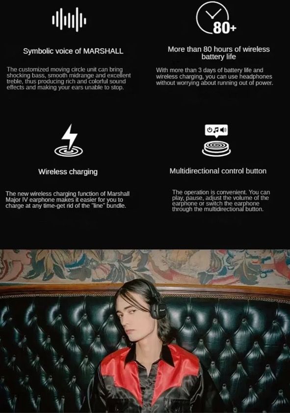 Marshall Major IV trådlösa Bluetooth-hörlurar med signaturljud och trådlös laddning för musikentusiaster