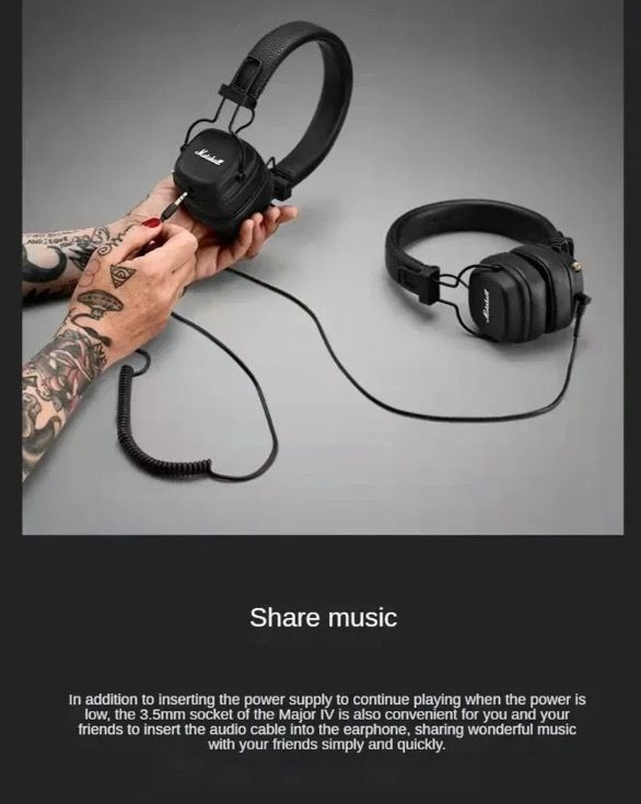 Marshall Major IV trådlösa Bluetooth-hörlurar med signaturljud och trådlös laddning för musikentusiaster