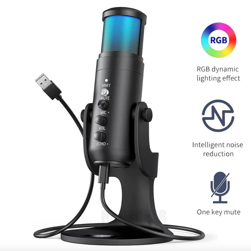 MU900PRO RGB USB-mikrofon för innehållsskapare med kardioid upptagningsmönster och anpassningsbara ljuseffekter