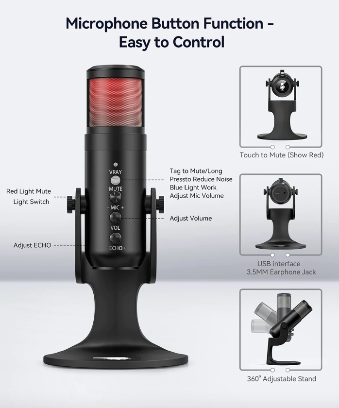 MU900PRO RGB USB-mikrofon för innehållsskapare med kardioid upptagningsmönster och anpassningsbara ljuseffekter