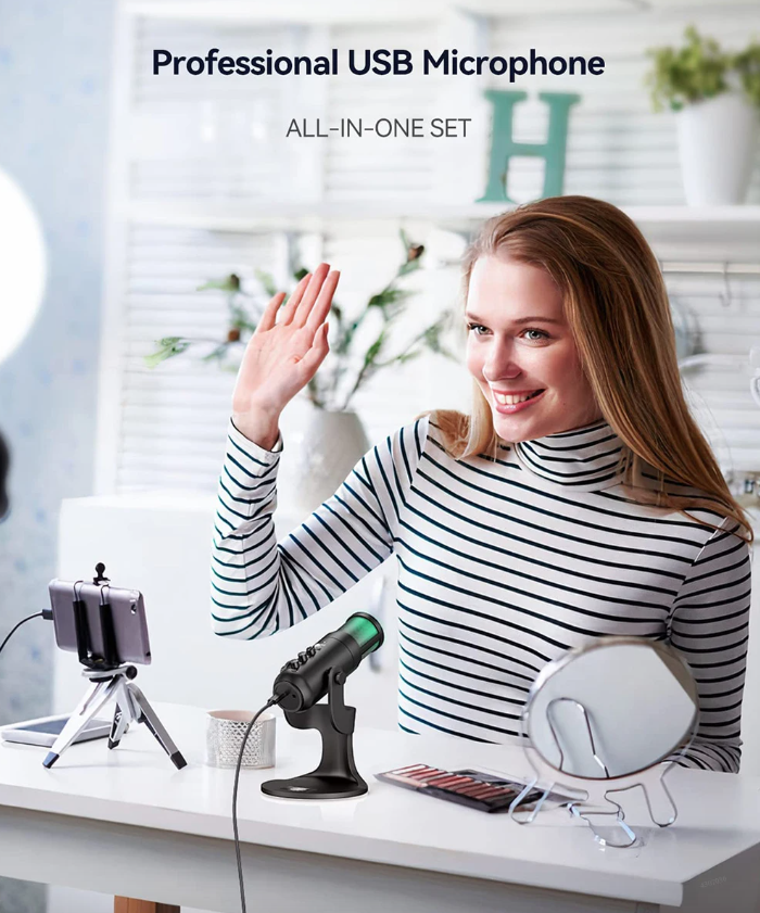 MU900PRO RGB USB-mikrofon för innehållsskapare med kardioid upptagningsmönster och anpassningsbara ljuseffekter