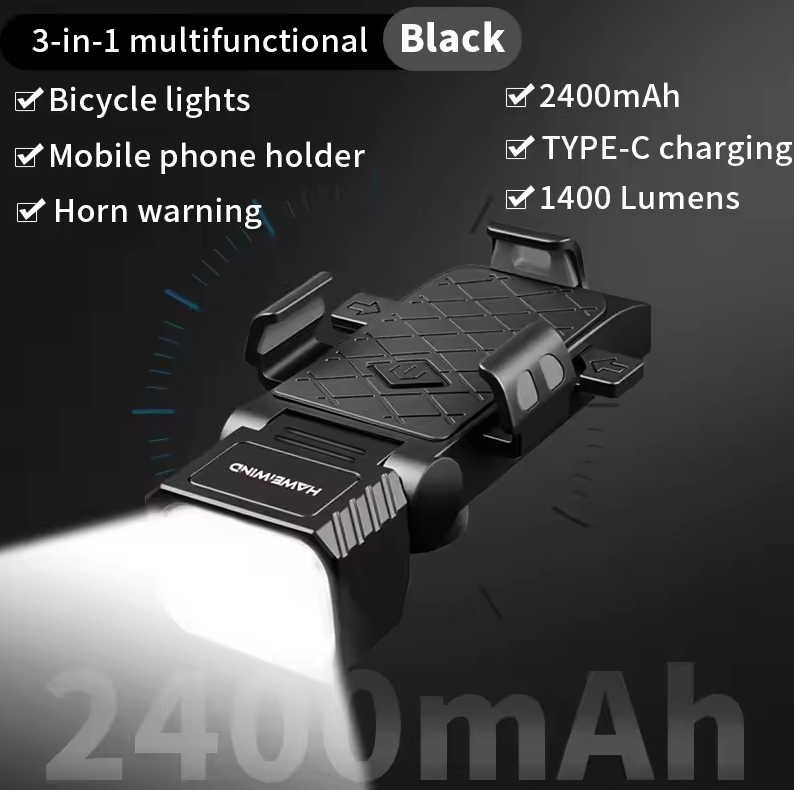 3-i-1 Cykellampa med Mobilhållare Cykel & Horn. Multifunktionell Framlampa, USB-C för Säkerhet.
