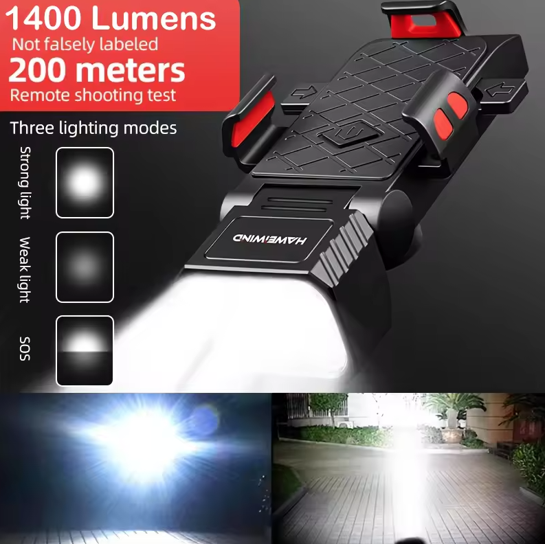 3-i-1 Cykellampa med Mobilhållare Cykel & Horn. Multifunktionell Framlampa, USB-C för Säkerhet.